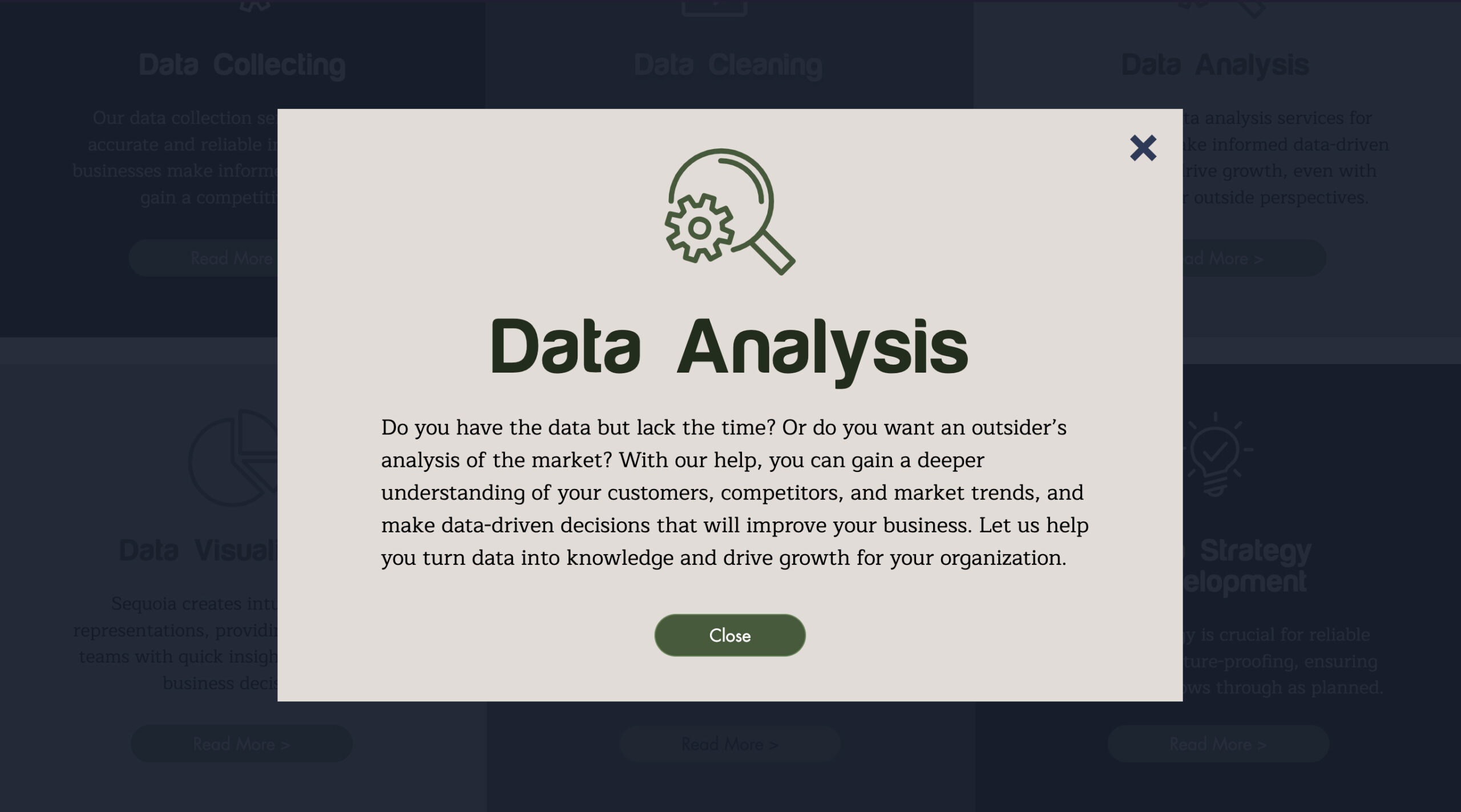 Data analysis modal screen