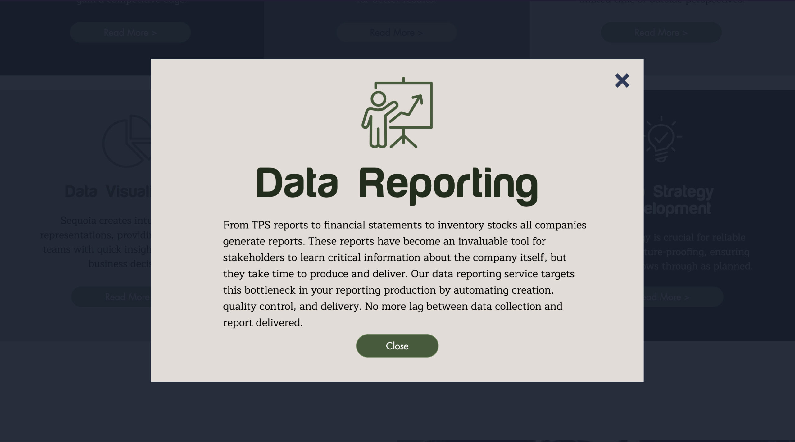 Data reporting modal screen