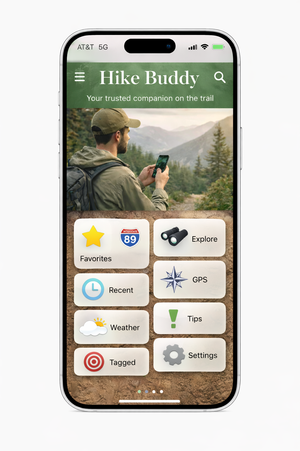 Hike Buddy home screen interface