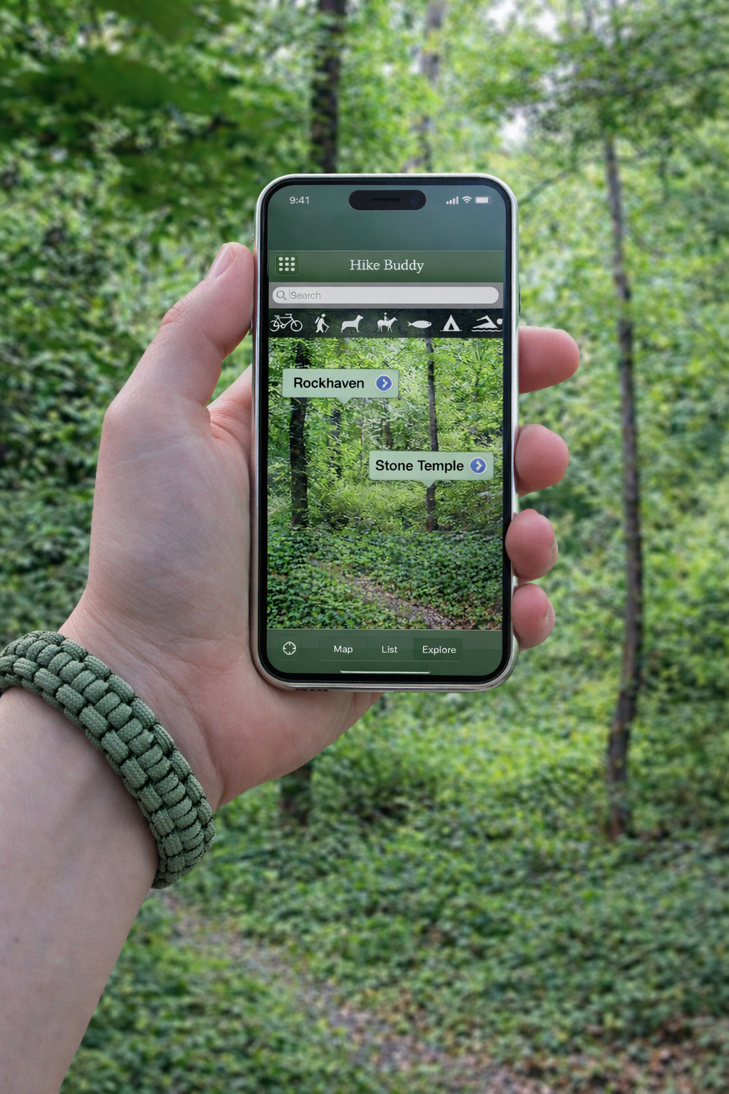 Hike Buddy app shown in real-world use